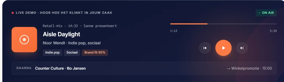 De RadioMatic-speler met het huidige nummer, sferen en stations per type ruimte