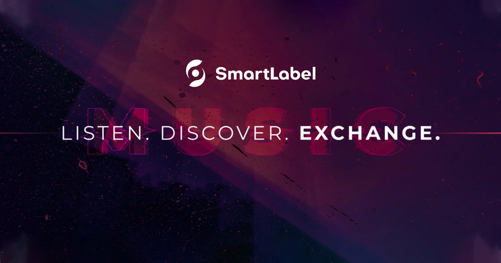 Het logo van SmartLabel met de woorden Listen, Discover, Exchange